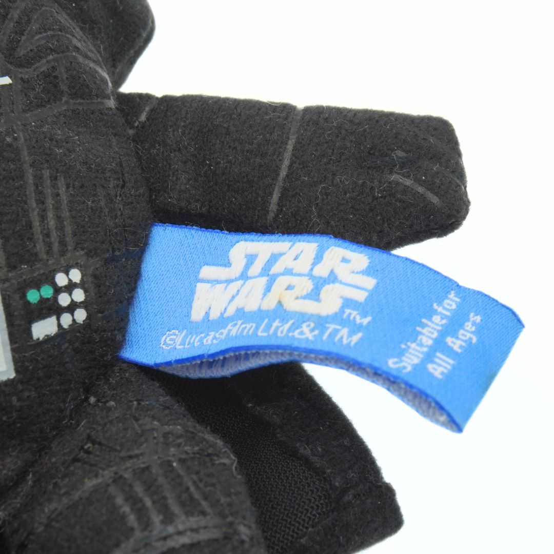 Close-up of a 'Star Wars' toy with a blue tag on a white background