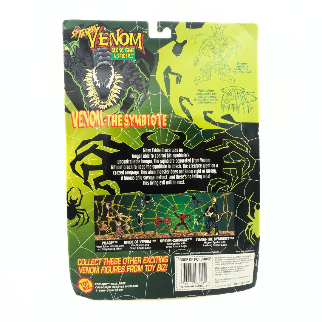Cardback for a 1997 Venom The Symbiote Along Came A Spider figurine with a green and black colour palette
