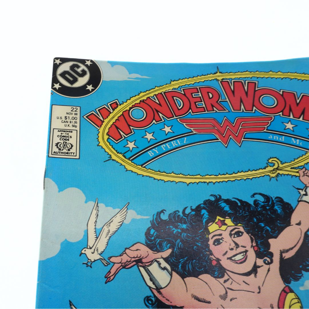 Comic book cover featuring Wonder Woman with a blue background and DC logo.
