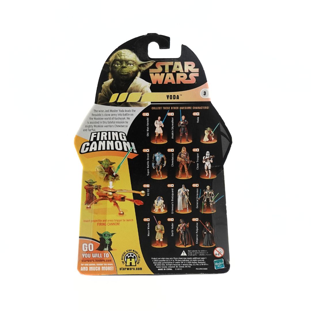 Cardback from a Star Wars Revenge of the Sith 2005 Yoda Firing Cannon figurine, still in its packaging showing the other characters in the collection