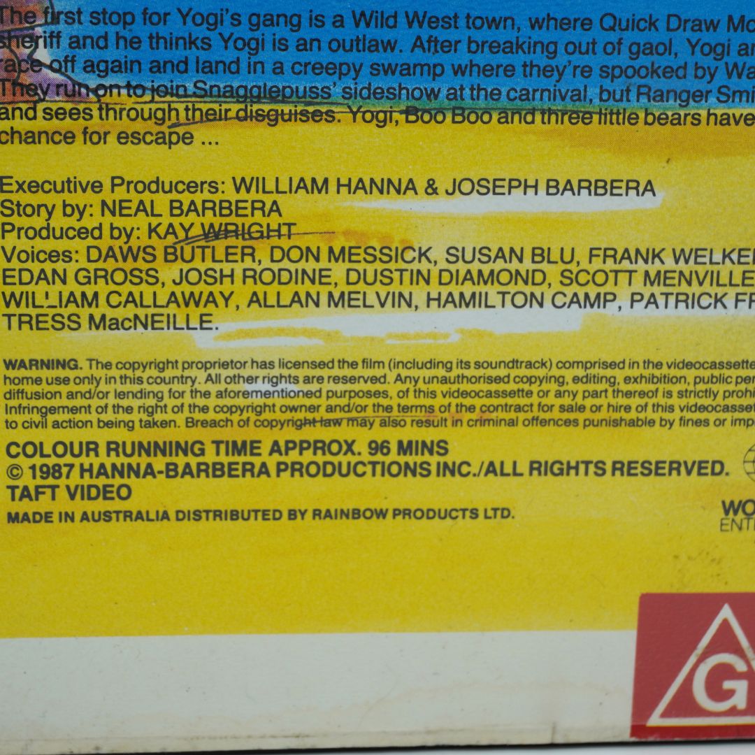 Copyright and credit information on the back of a VHS case for the Yogi's Great Escape film