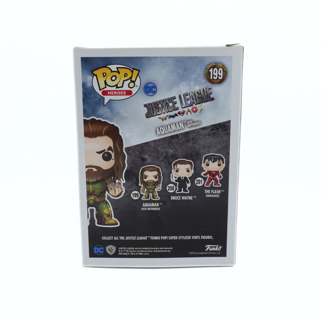 Funko Pop! Heroes Justice League Aquaman vinyl figure box, showing the front packaging with character artwork and the number 199.