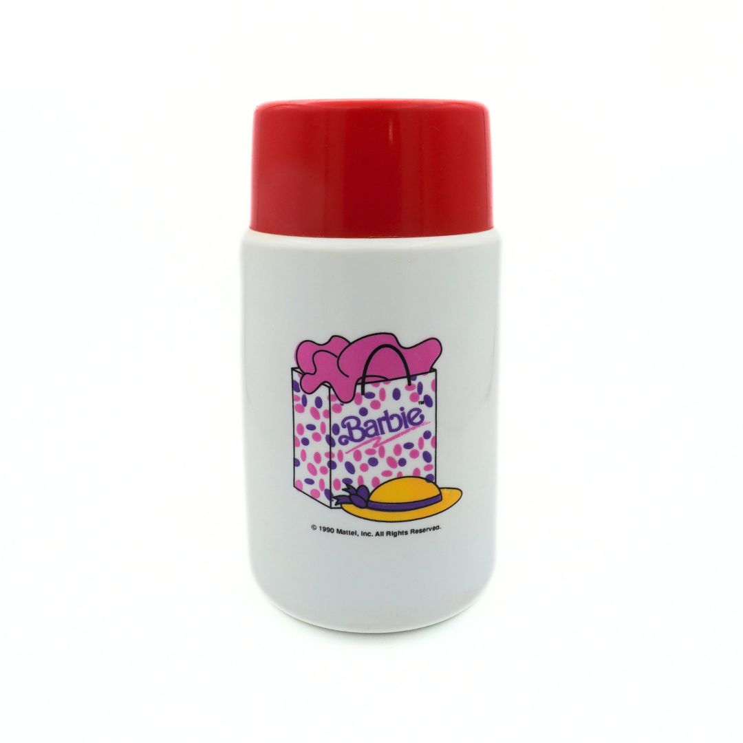 1990 Mattel Barbie thermos with a pink shopping bag, yellow hat and red lid
