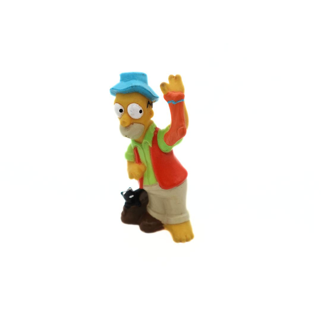 Homer Simpson in a camping outfit. holding up a stinky sock