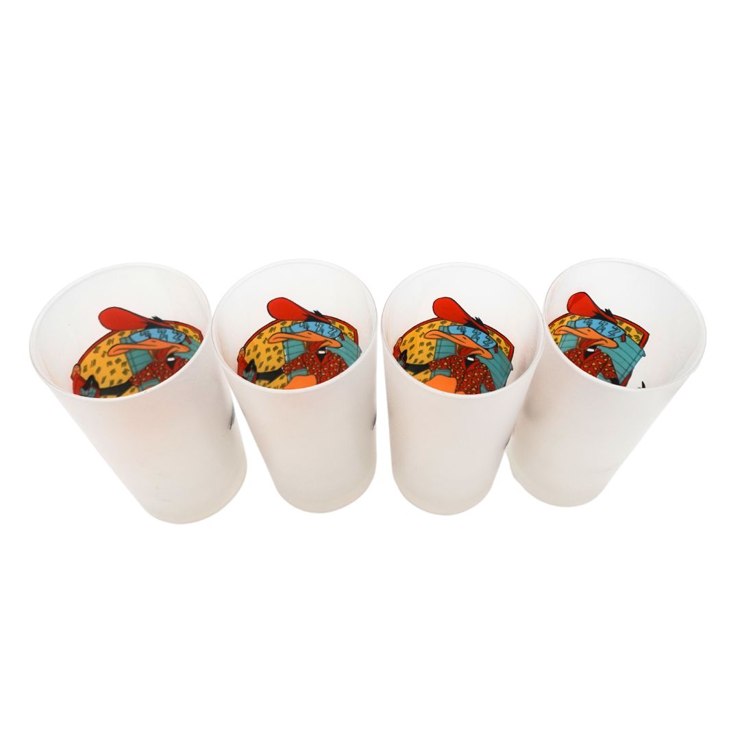 Top down photo of the 1991 Daffy Duck glasses, showing the frosting and the art