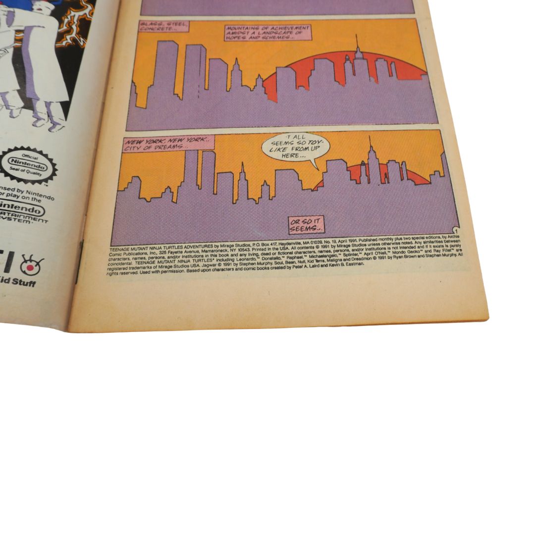 Comic book page with cityscape illustration and text on a white background