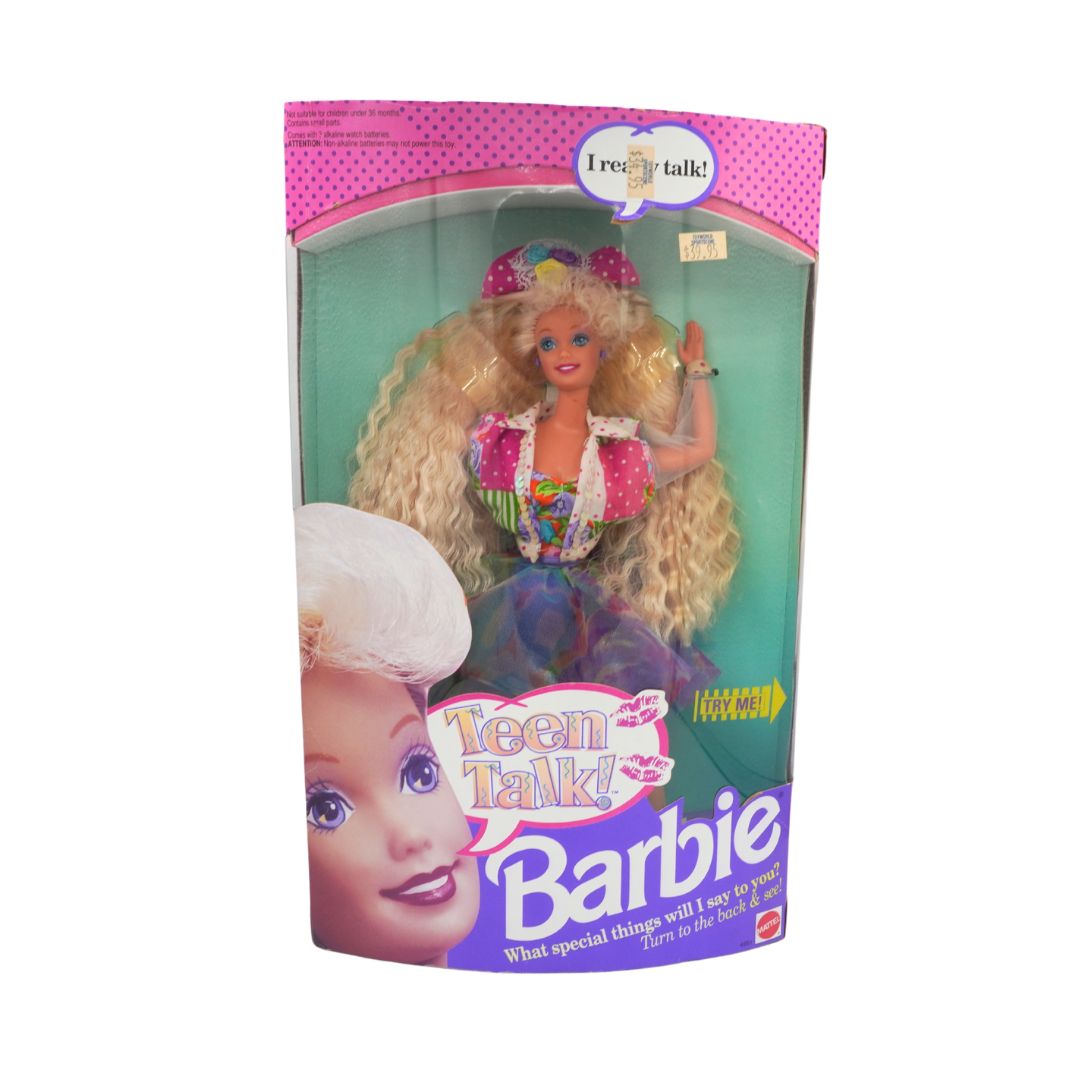 Vintage Teen Talk Barbie doll packaging with colorful design