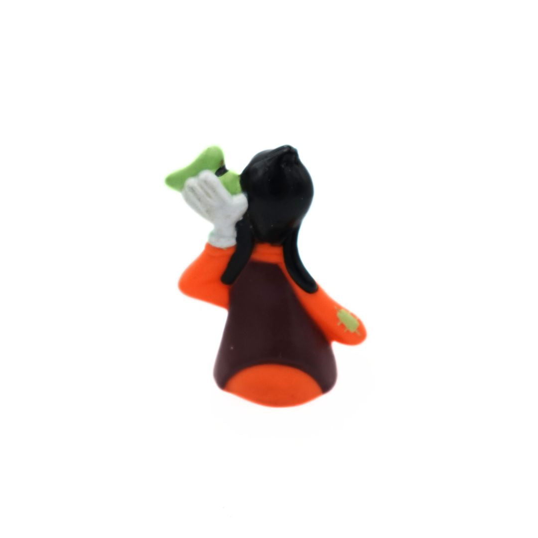 Photo of the back of a 1994 Goofy figurine released as a Happy Meal toy wearing an orange and brown shirt with a green hat