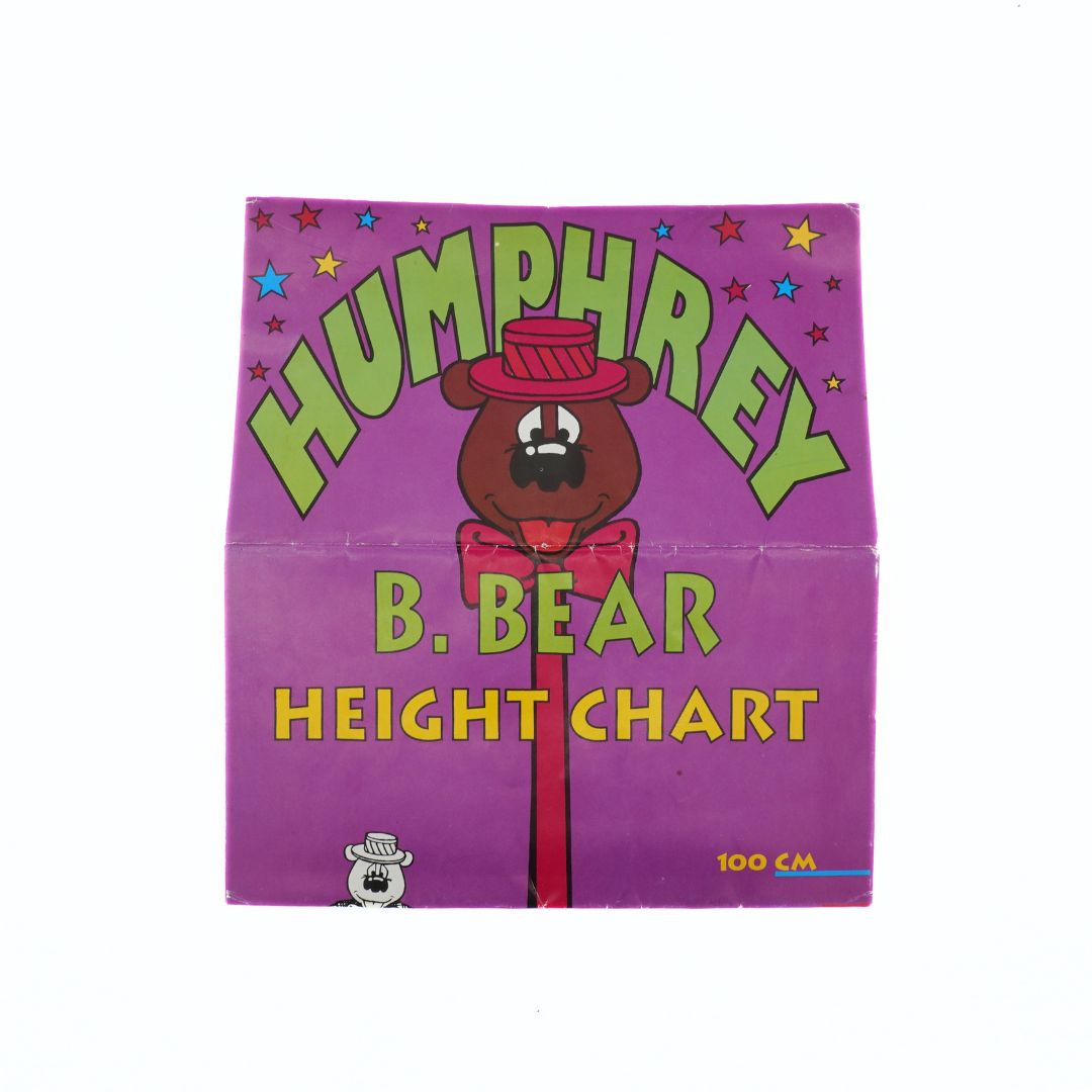 90s Humphrey Bear height chart with a purple and green design