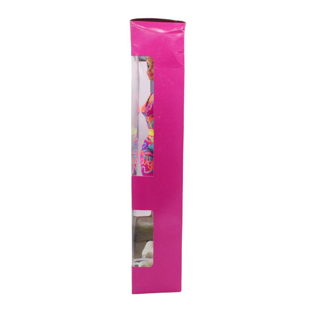 Pink packaging with a window displaying colorful items on a white background