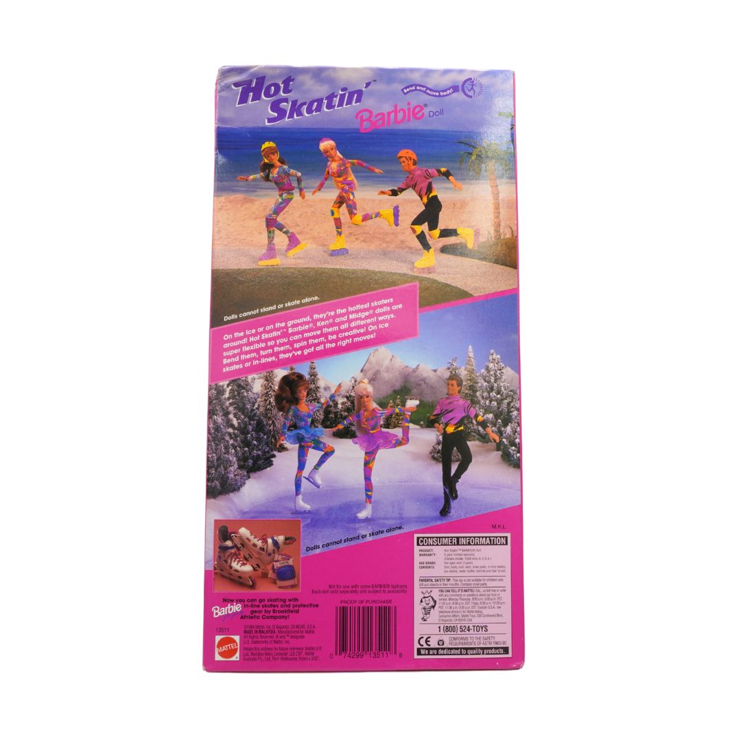Barbie Hot Skatin' doll packaging with skater dolls on a beach and snowy landscape.