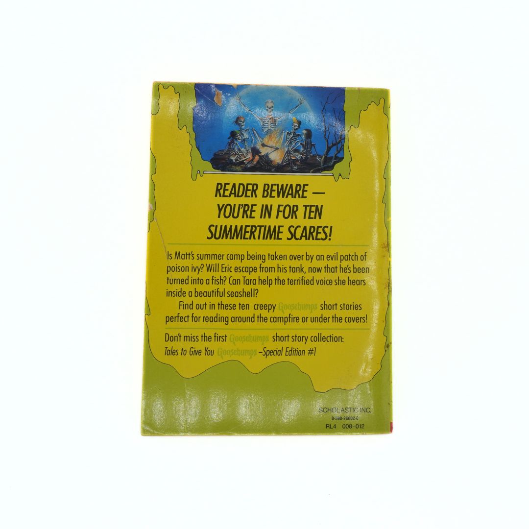 Book cover with yellow background and text about summer time scares