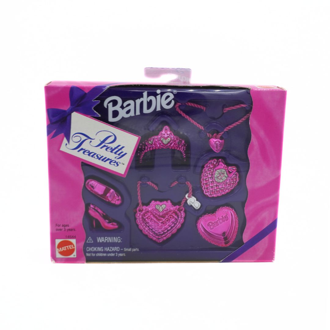Barbie Pretty Treasures toy set packaging with pink and purple design