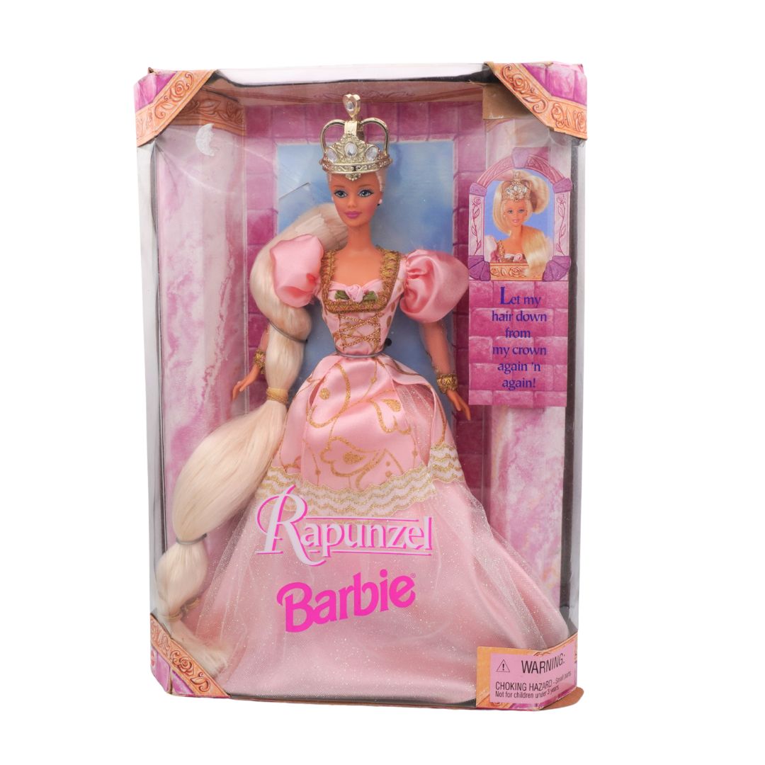 Barbie Rapunzel doll in packaging with pink gown and crown