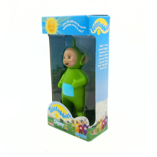 Green toy figure in a 'Teletubbies' box on a white background