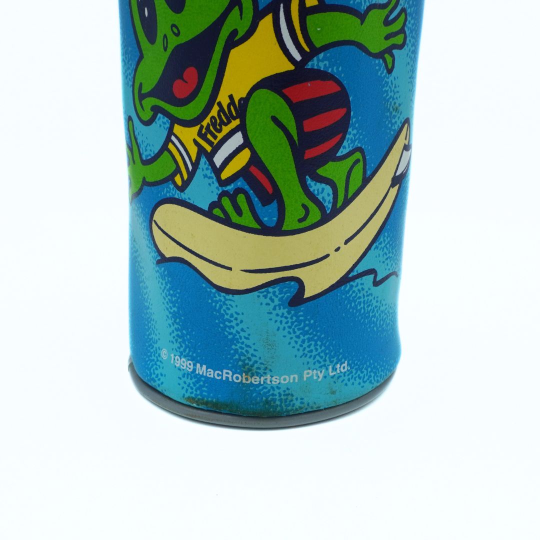 Cylindrical container with a colorful frog design on a blue background
