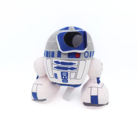 A front on photo of an R2D2 Star Wars plush with large oversized stylised legs