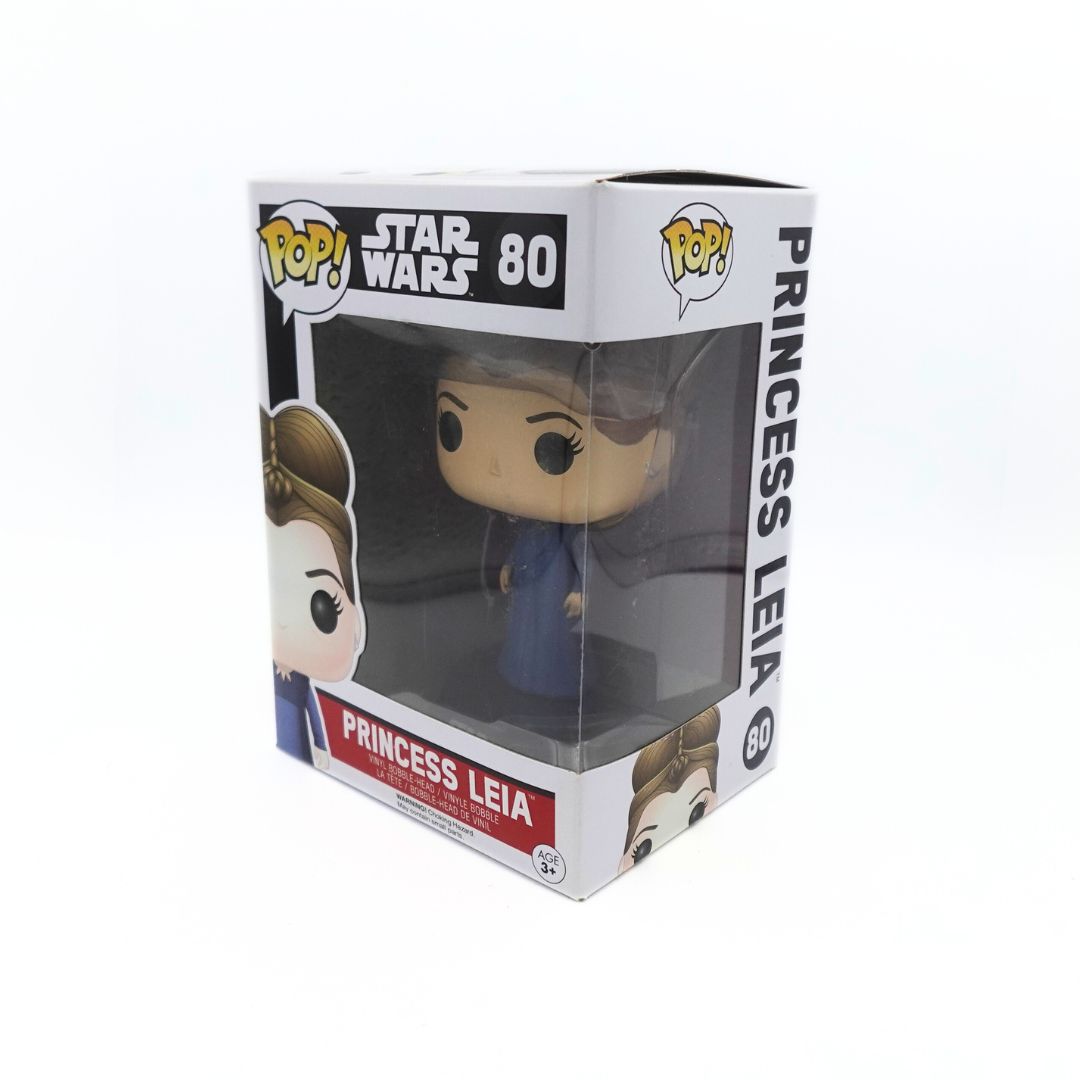 An angled photograph of the Princess Leia Star Wars 80 Funko Pop