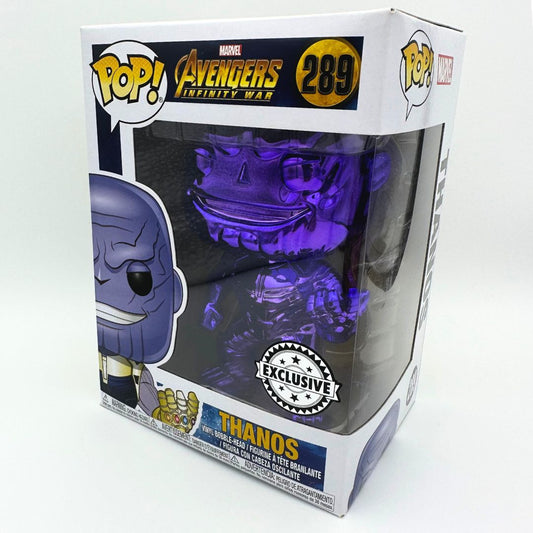 An exclusive purple chrome Thanos Funko Pop figure in its box, featuring gold toned branding and purple detailing