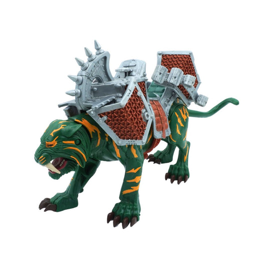 Toy figure of a green creature with armor on a white background