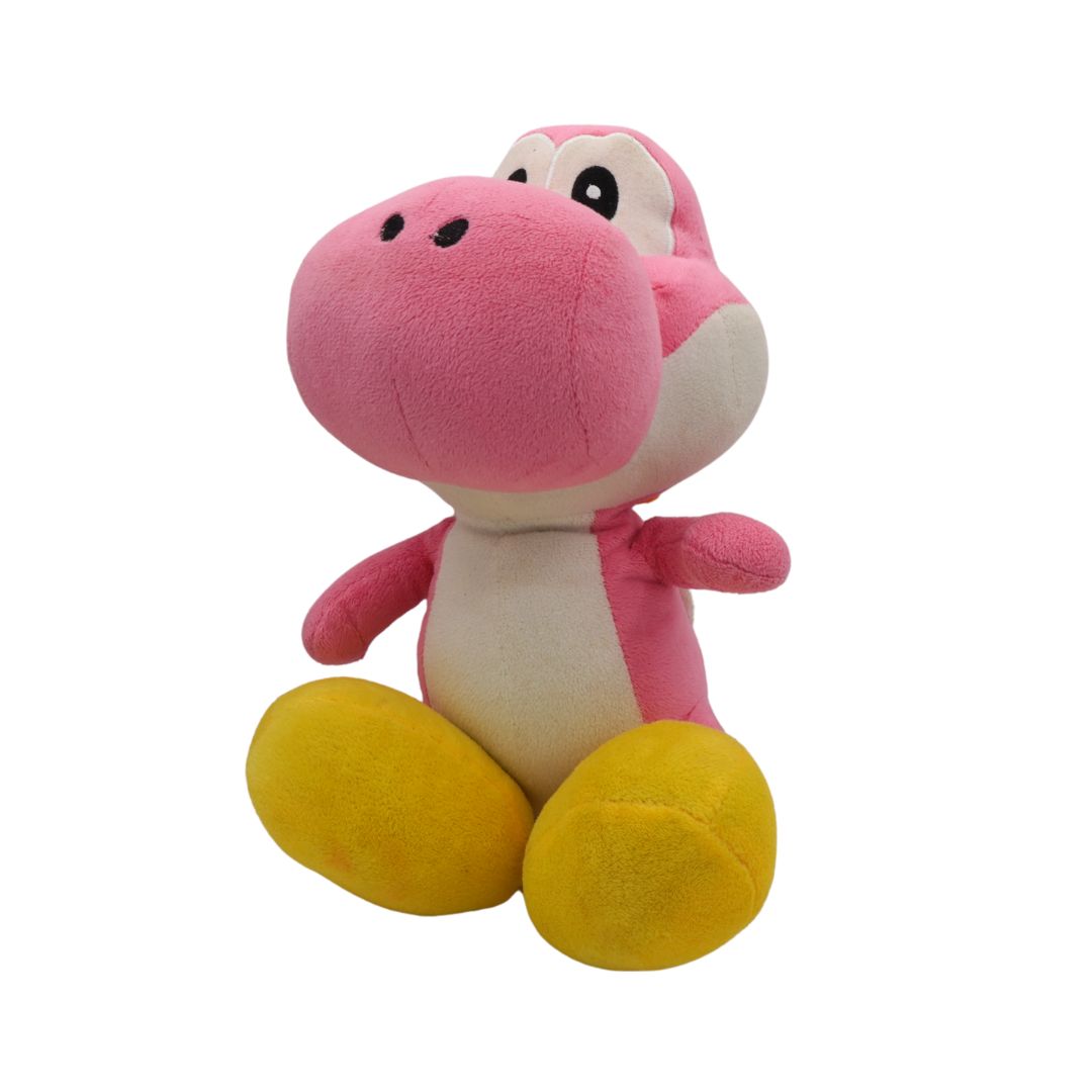 Pink and yellow plush toy on a white background