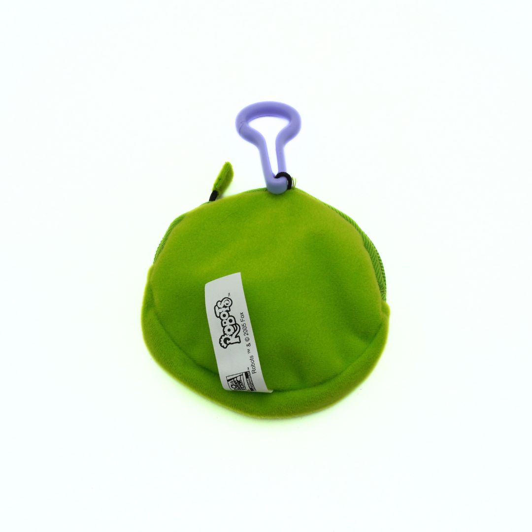 Green pouch with a purple clip on a white background