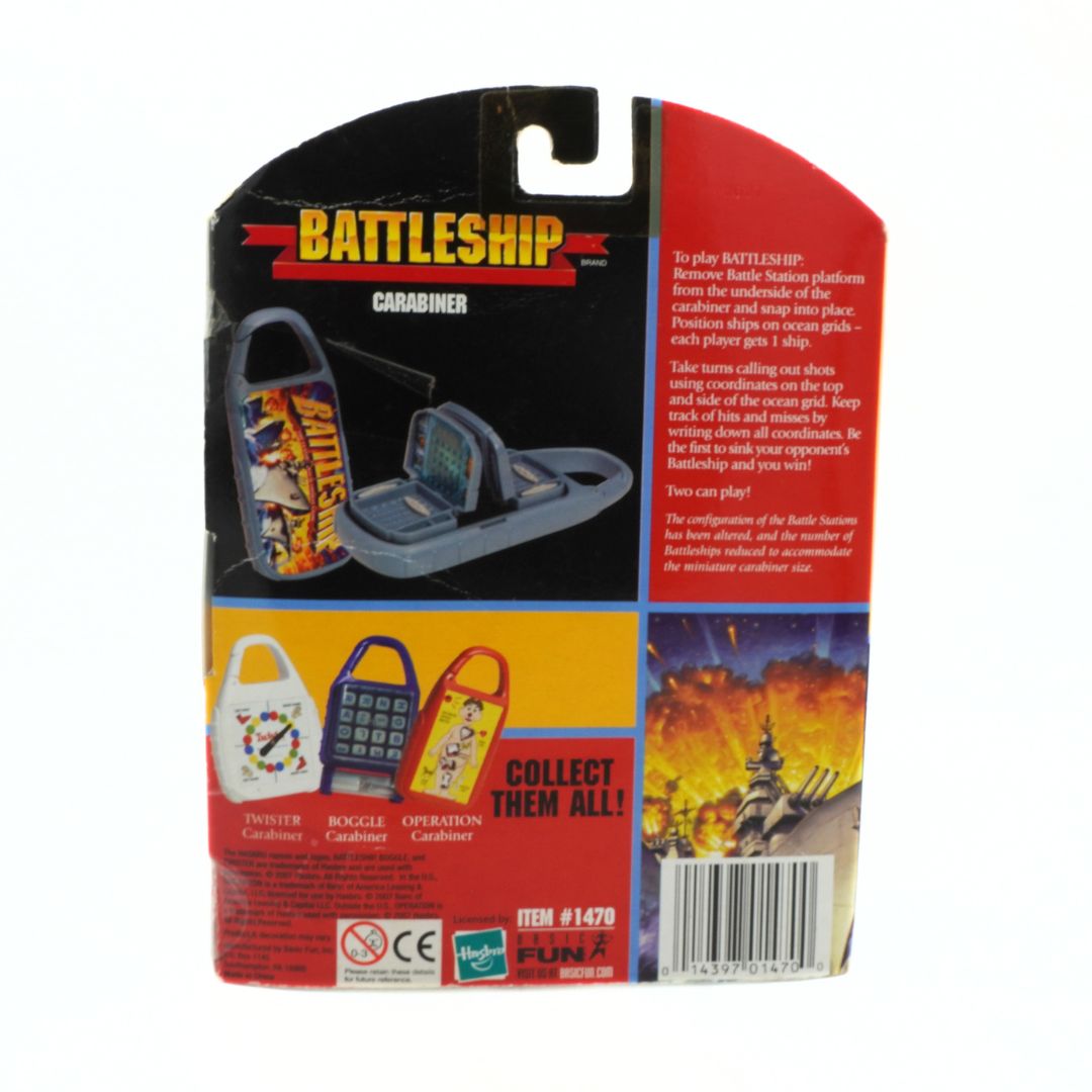 Battleship carabiner packaging with colorful graphics and text on a white background