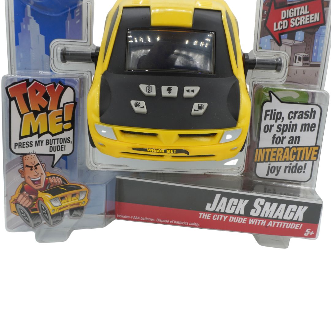 Toy car with digital LCD screen and interactive features in packaging