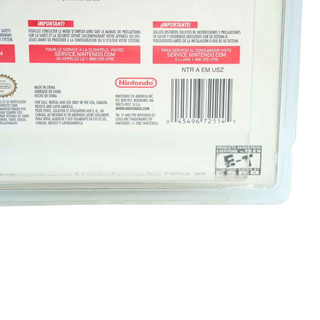 The back cover of a Nintendo game case, showing the Japanese version with a barcode, Nintendo logo, service information in French and English, and a product code stamp area.