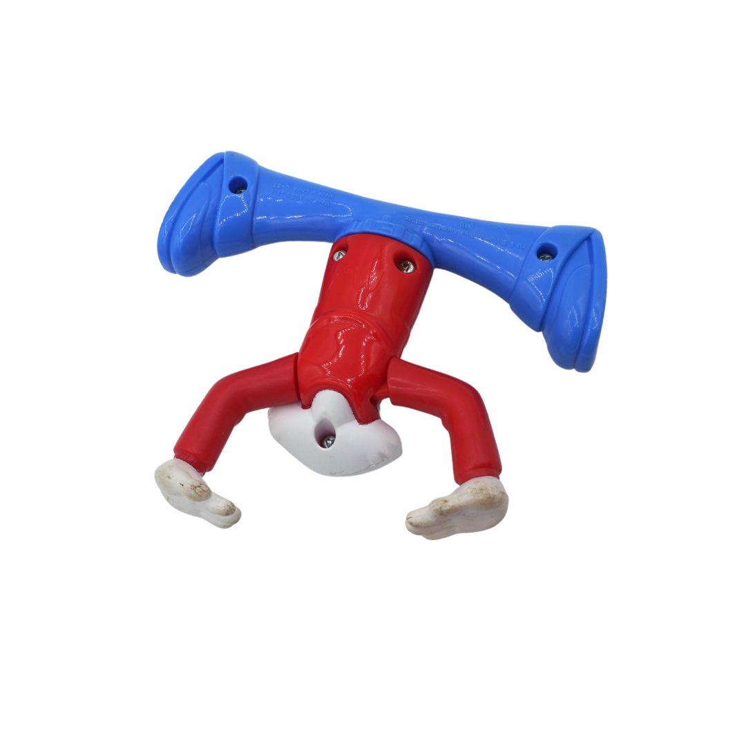 A small plastic toy figure shaped like a cartoon character upside down, with a red body, blue horn-like arms, and white hands and feet, shown on a plain white background.