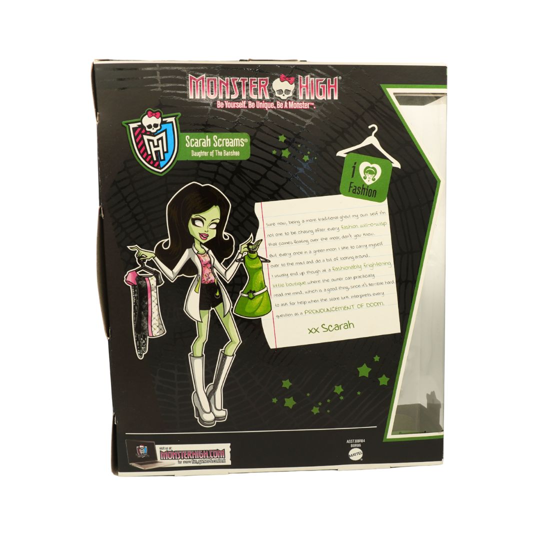 Monster High Scratch Screens clothing set packaging box featuring a cartoon illustration of Scratch with a pink and white top, green skirt, and green bag, on a black background with Spider-Man themed graphics.