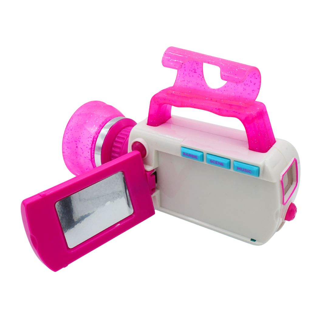 A pink and white toy camcorder with a glittery hot pink handle and screen frame, shown on a plain white background.