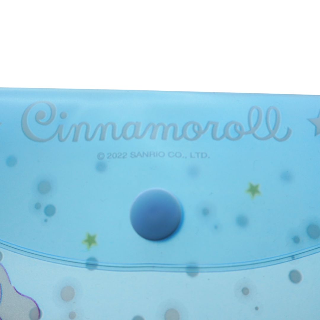 Close up of a blue Sanrio Cinnamoroll pouch with 2022 branding