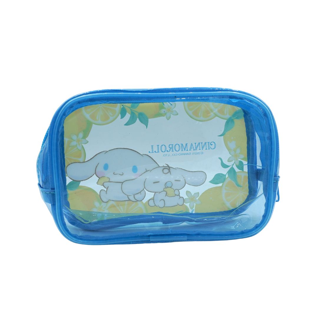 A blue and yellow lemon themed plastic pouch with Cinnamoroll, photographed against a white background