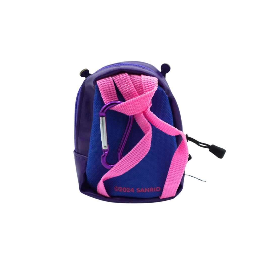 A small Sanrio backpack in purple and blue with bright pink straps, featuring the '2024 SANRIO' logo on the front, set against a plain white background.