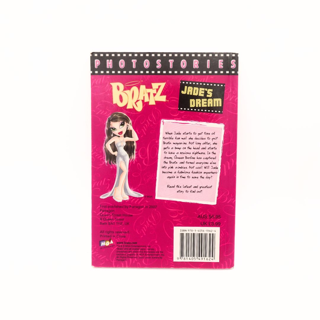 Back of a pink Bratz book featuring the Jade character alongside story info and barcode