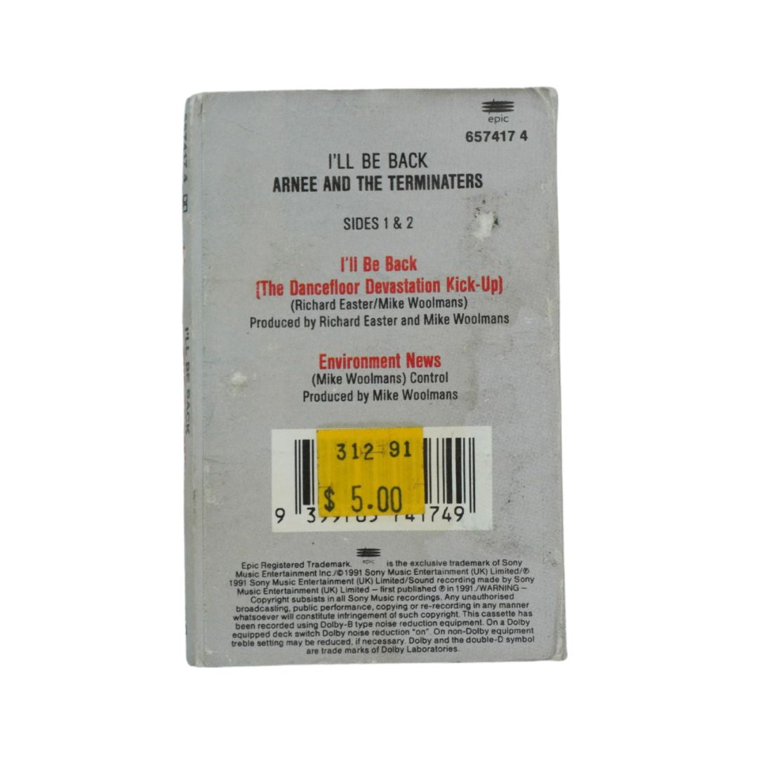 The back cover of a cassette sleeve for Arnee and The Terminators' 'I'll Be Back', showing a gray background with red and black text, a barcode, and a yellow price sticker on a white background.
