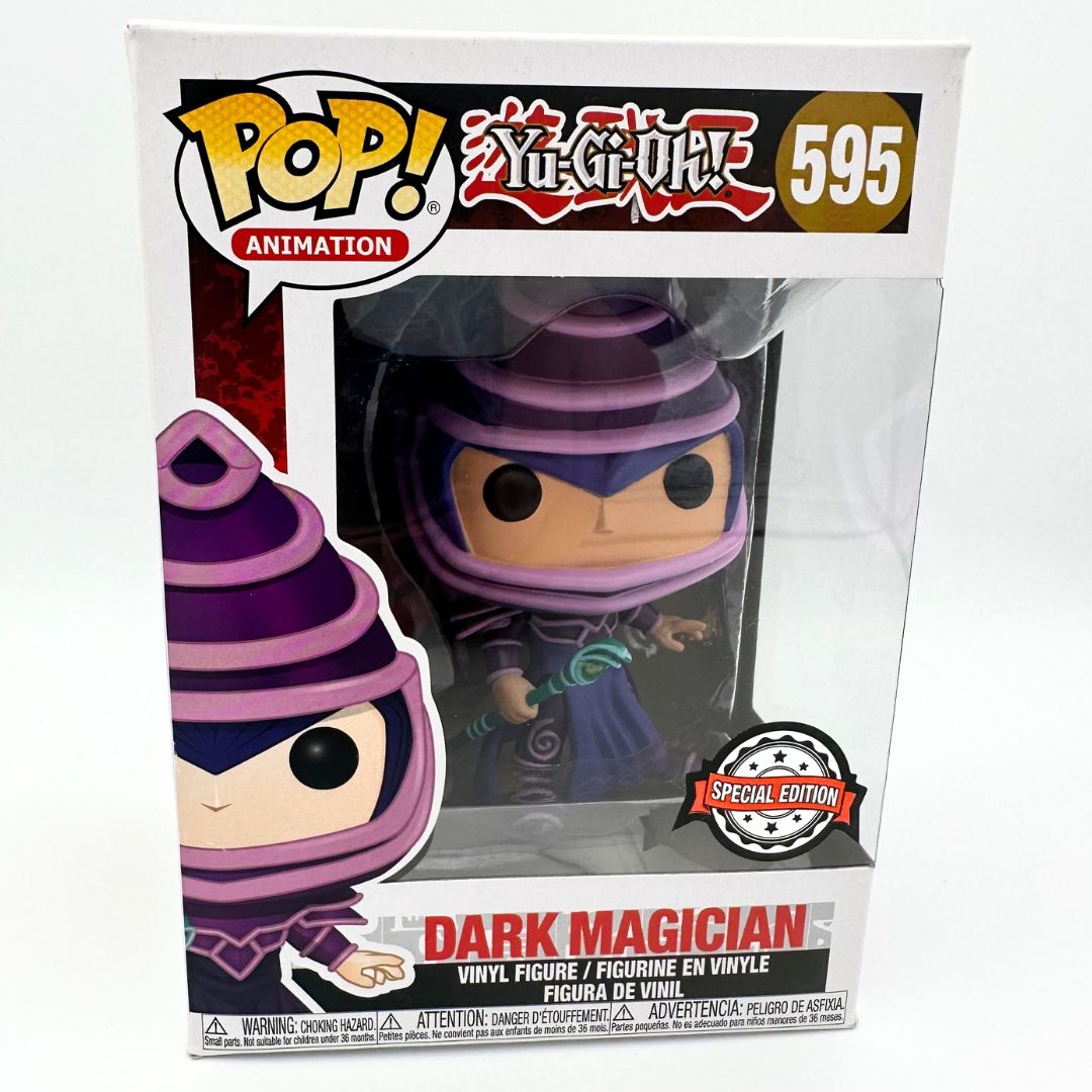 A front on photo of the box for the Dark Magician 595 Funko Pop with the figure visible inside and Yu-Gi-Oh branding