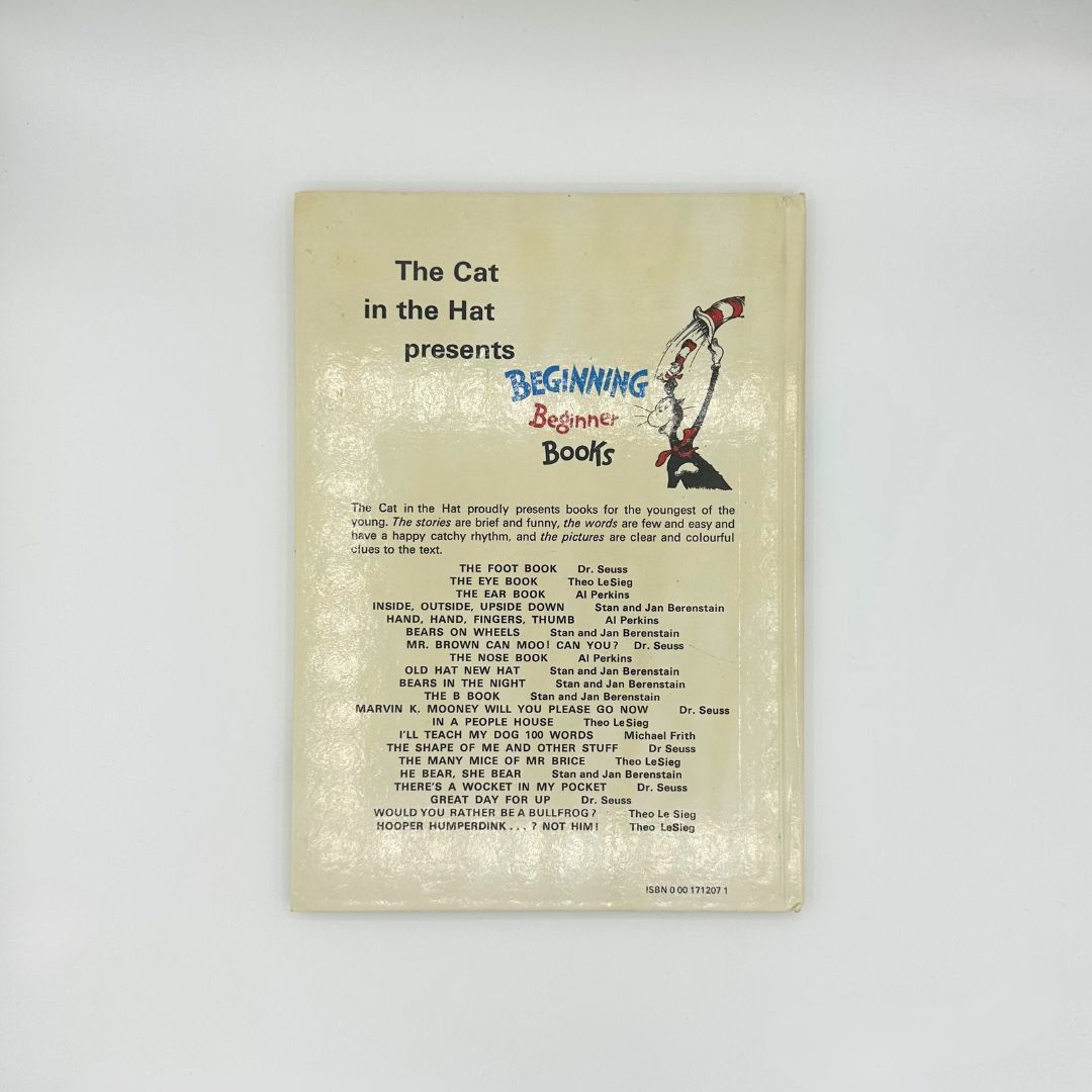 Rear side of a vintage hardcover Beginning Beginner Books book