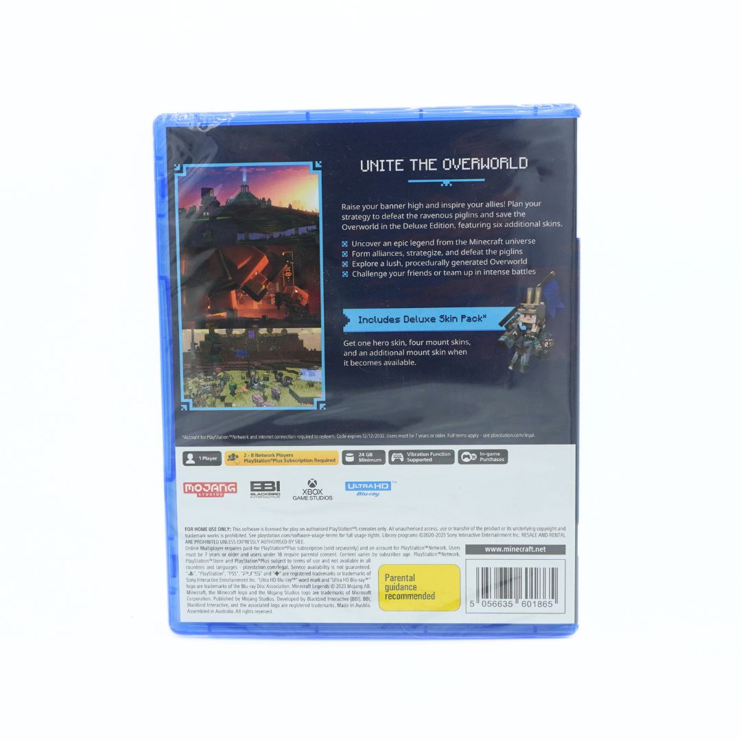 Back cover of a blue plastic video game case for Minecraft Legends, featuring game artwork, descriptive text, and a barcode on a white background.