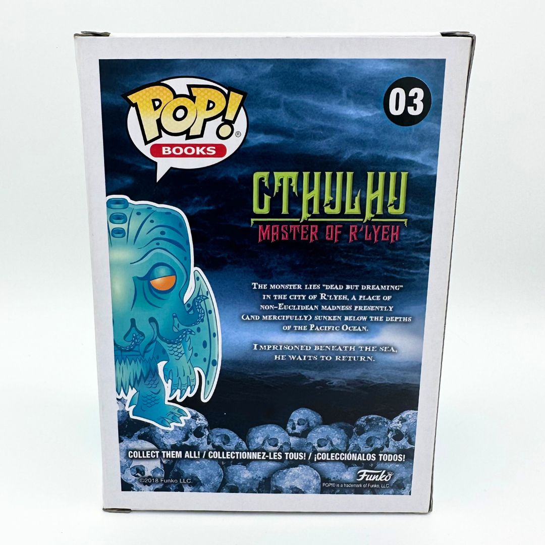 The back of the Cthulhu Funko Pop 03 Pop Vinyl featuring an illustration of the figure as well as text describing the monster