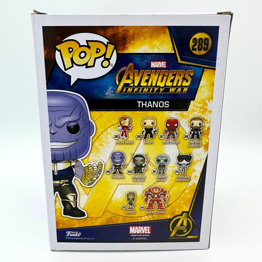 A picture of the back of a Thanos Funko Pop featuring an illustration of his smiling figure alongside small images of the other figures released in the collection