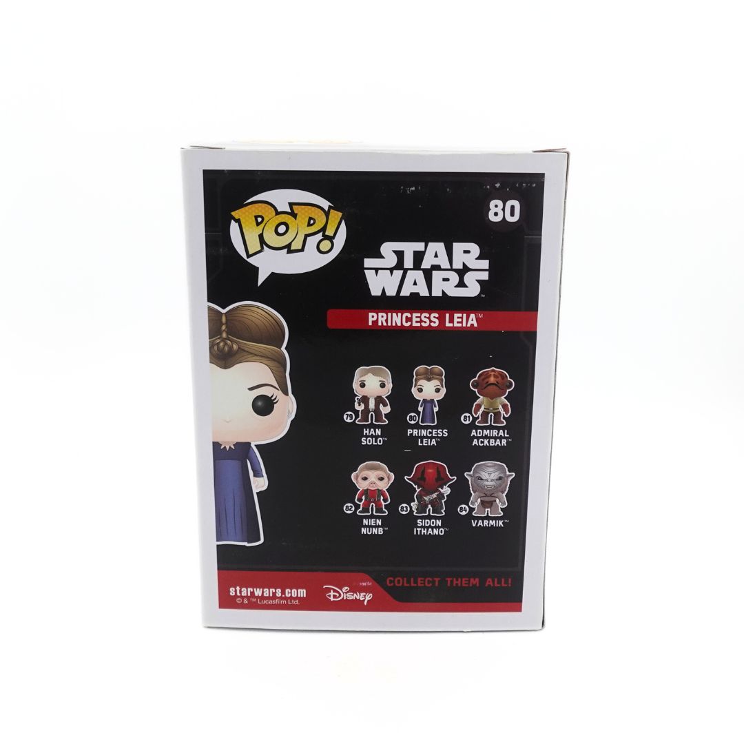 The back of the Star Wars Princess Leia 80 Funko Pop including her character with images of Han Solo, Admiral Akbar, Nien Numb, Sidon Ithano and Varmik