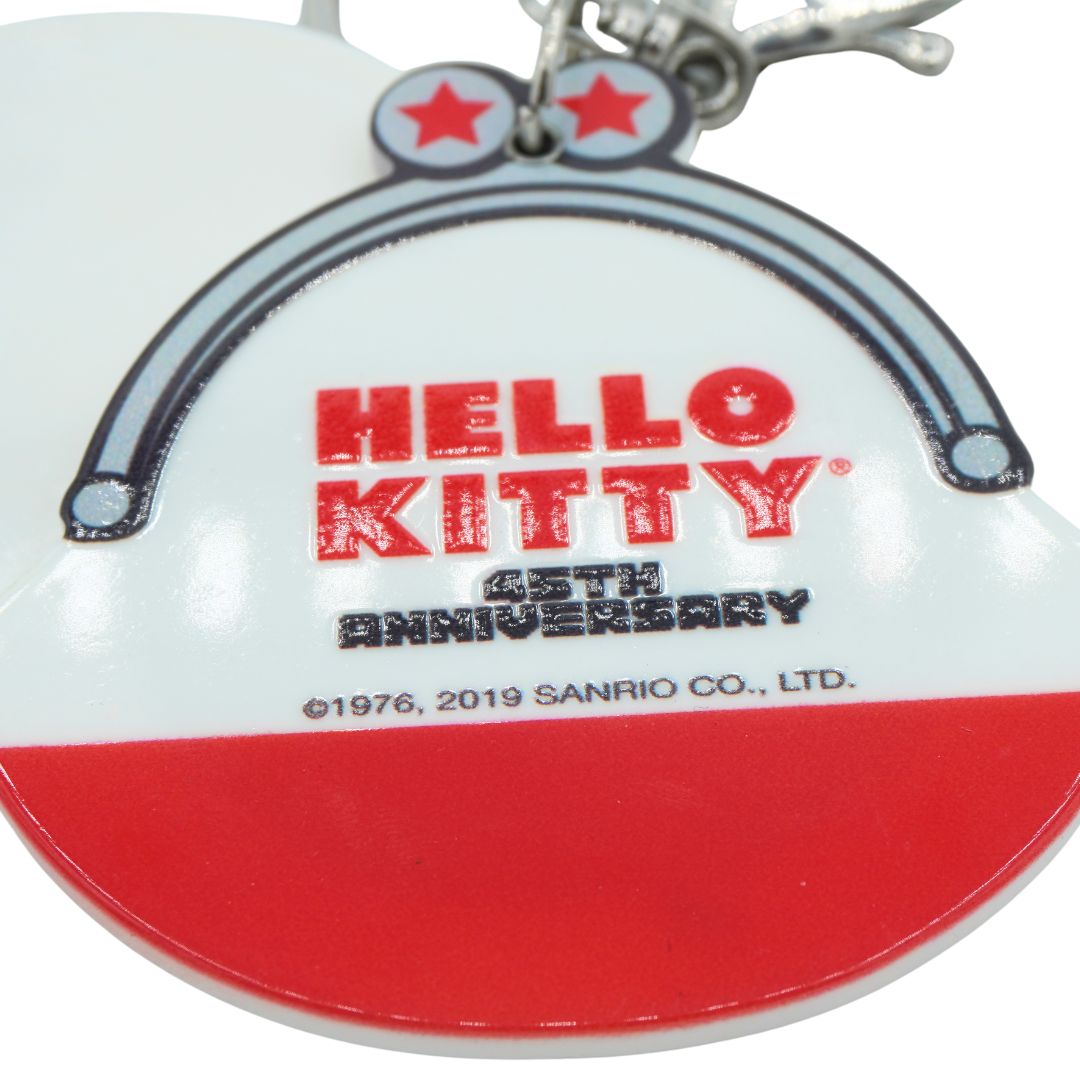 Close up of red and white Hello Kitty Sanrio branding, with the text 45th Anniversary