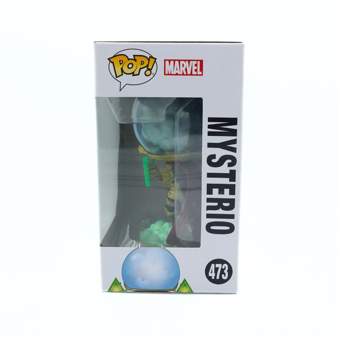 Funko Pop! Marvel Mysterio vinyl figure in its original white window box packaging, featuring the character with a blue crystal ball and green staff.