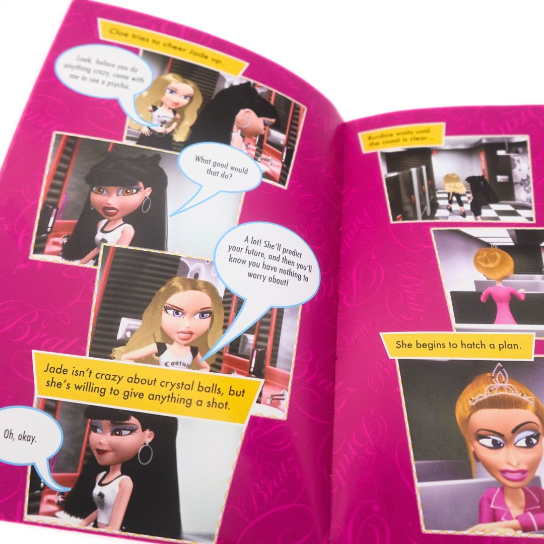 The inside of a Bratz book featuring 3D-style images and comic book style captions