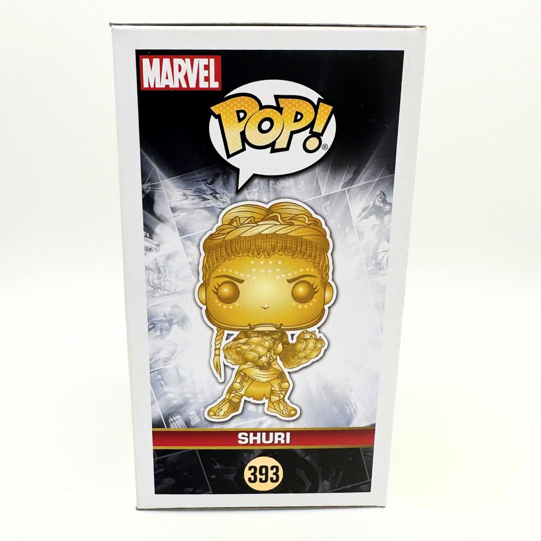 A side on image of the 393 Black Panther Shuri Funko Pop Vinyl featuring an illustration of the included figure