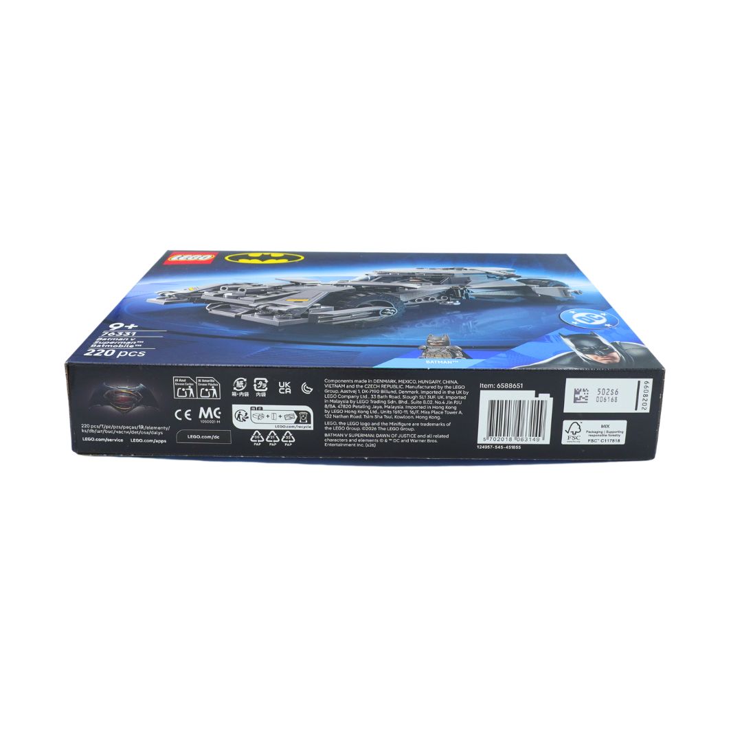 A Lego box for the Batman V Superman Batmobile car, photographed against a white background