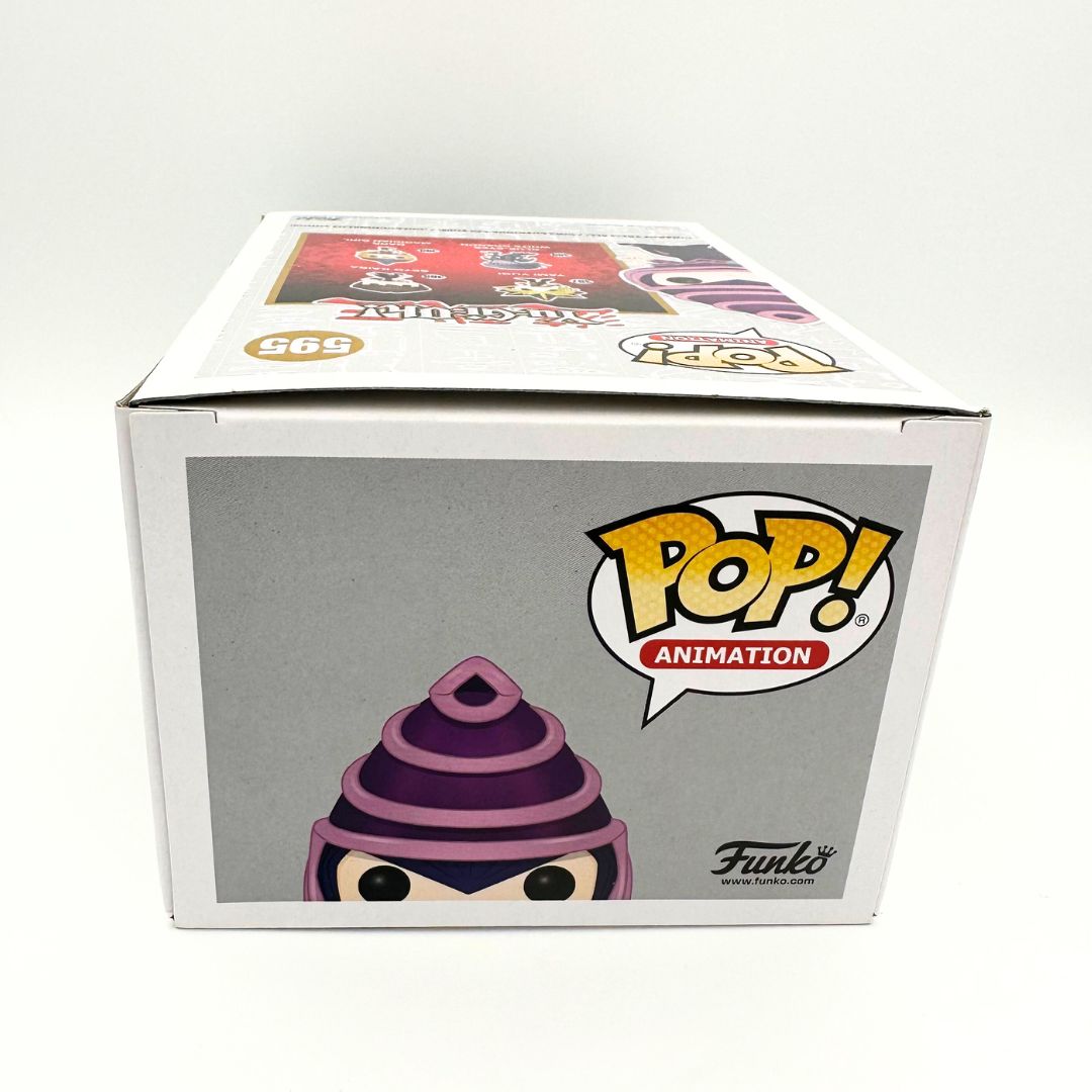 A photo of the top of the Funko Pop 595 Dark Magician box featuring branding and an illustration of the character