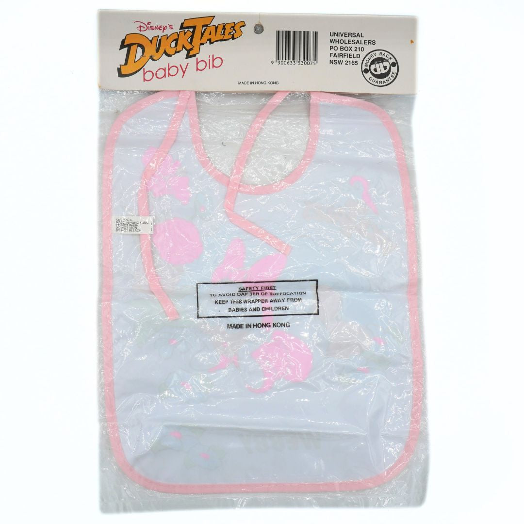 Package of a DuckTales baby bib with pink trim on a white background
